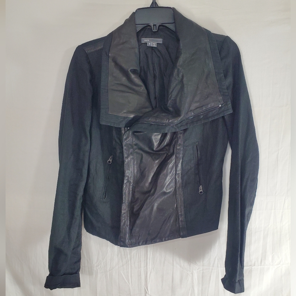 Vince Women's Medium Black Shawl Collar Front Leather Jacket Linen Silk Biker